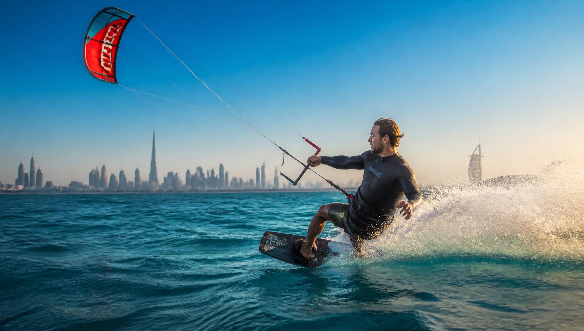 Kitesurfer carving across flat turquoise water in Dubai